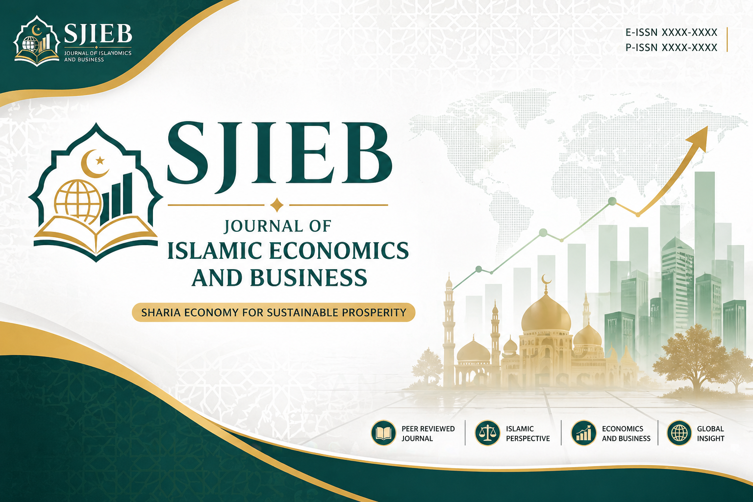 Tampilan sampul Journal of Islamic Economics and Business (SJIEB) dengan tema ekonomi syariah, ilustrasi masjid, grafik pertumbuhan, dan latar global.