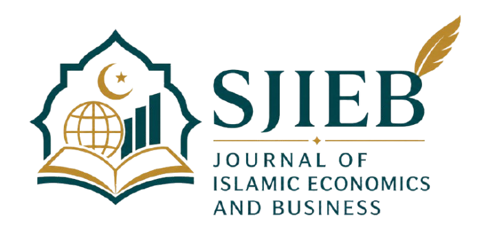 Logo Journal of Islamic Economics and Business (SJIEB) dengan simbol buku terbuka, grafik ekonomi, dan elemen islami berwarna hijau dan emas.